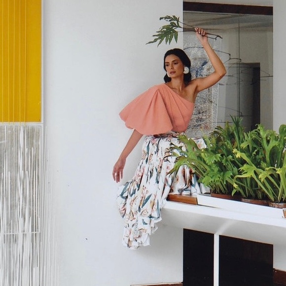 No Pise La Grama La Enamorada Top (Sz XS) One Shoulder Puff Sleeve Rose Khaki - Picture 2 of 15